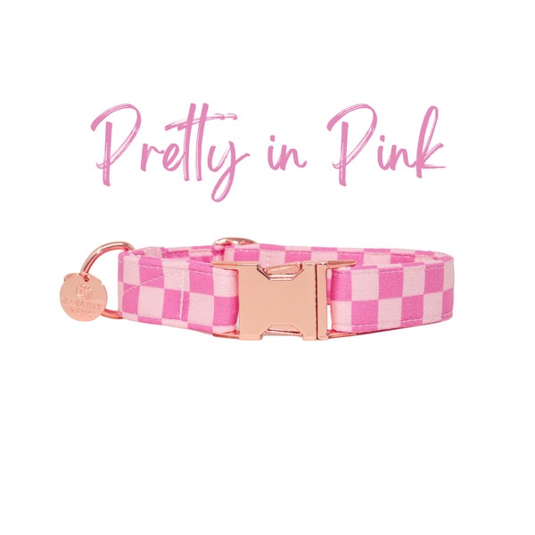 Pink Checkered Girl Dog Collar, Small Puppy Collar, Retro Dog Collar, Large Girl Dog Collar, XL Dog Collar | PRETTY in PINK