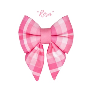 Pink Plaid Girl Dog Sailor Bow for San Valentine&#39;s Day | Over the collar with two elastic loops | ROSA