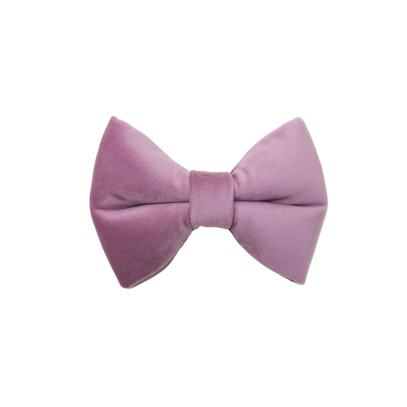 May include: A lavender velvet bow tie, centered on a white background. The bow tie is a soft, muted purple color, with a classic bow shape. The fabric has a subtle sheen.