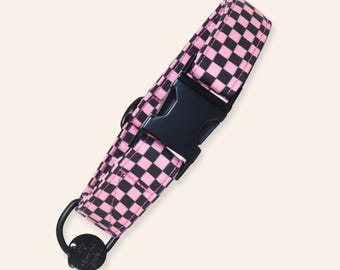 Collare per cani a quadri rosa e neri per bambine, collare per cuccioli piccoli, collare per cani retrò, collare per cani grandi per bambine, collare per cani XL / PINK ROBIN