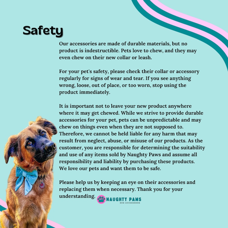 May include: A dog wearing a blue bow tie is featured in an image with the word "Safety" at the top. The text below provides safety information about pet accessories, including checking for wear and tear and the brand logo.