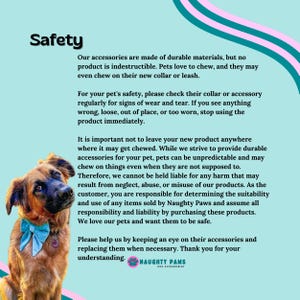 May include: Safety information for pet accessories. The text emphasizes the importance of checking for wear and tear and the responsibility of pet owners for the safe use of products. The image features a brown dog wearing a blue bow tie.