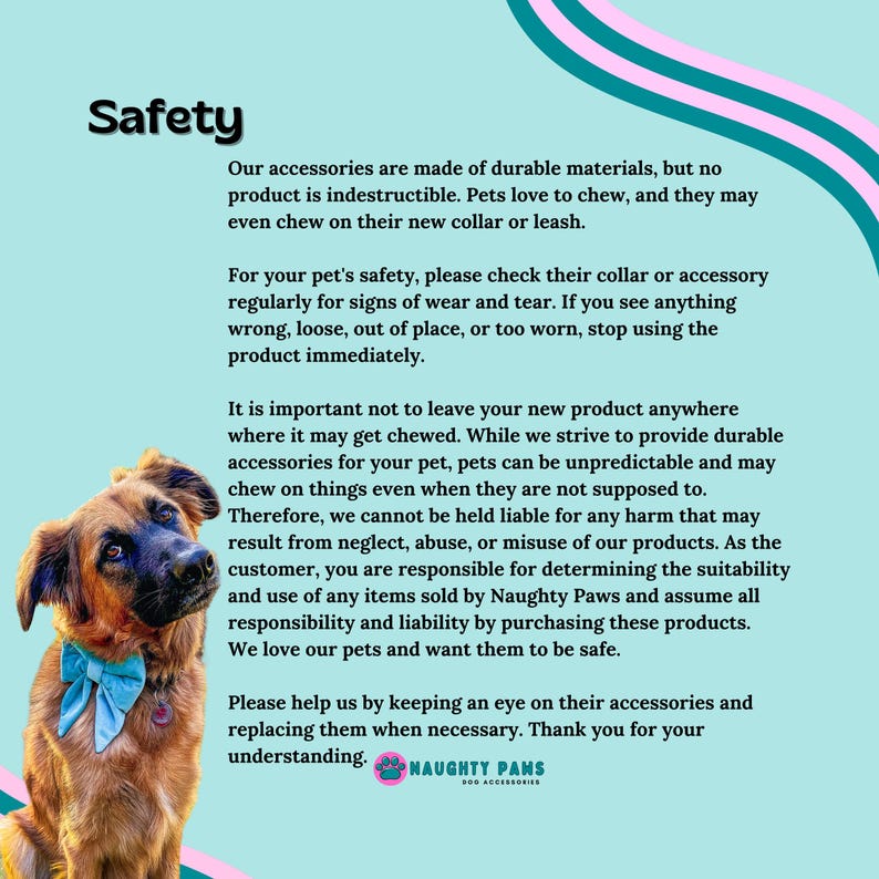May include: Safety information for pet accessories. The text emphasizes the importance of checking for wear and tear and the responsibility of pet owners for the safe use of products. The image features a brown dog wearing a blue bow tie.