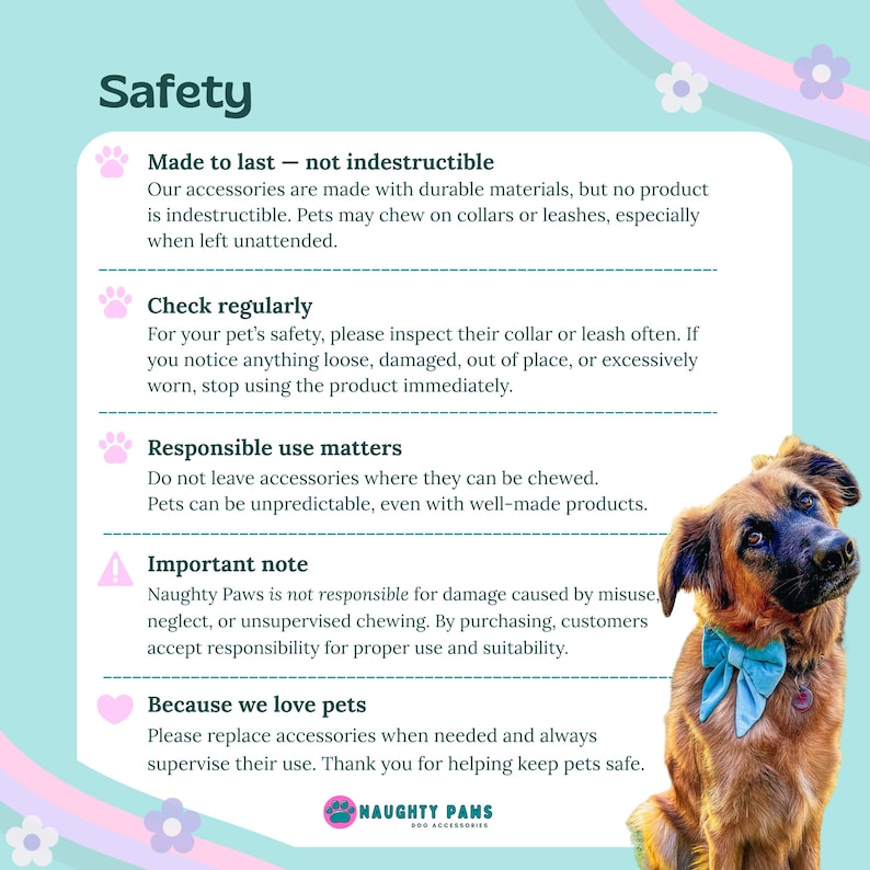 May include: Informational graphic with the title "Safety" and a dog wearing a blue bow tie. The text provides safety tips for pet accessories, including checking regularly and responsible use. The Naughty Paws logo is at the bottom.