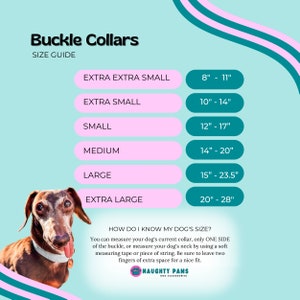 May include: Size guide for buckle collars, with measurements in inches. Sizes range from Extra Extra Small (8"-11") to Extra Large (20"-28"). Includes a dachshund wearing a collar. Text: "How do I know my dog's size?" and "Naughty Paws Dog Accessories."
