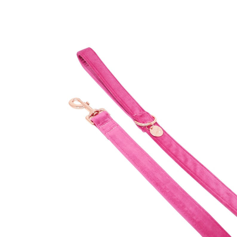 May include: A pink velvet dog leash with a gold metal clasp and a small gold charm.