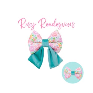 Pink Floral Dog Sailor Bow Ties, Extra Large Bowties, Small Dog Sailor Bow with Turquoise Velvet Tails, Bowties for Dogs | ROZY RENDEZVOUS