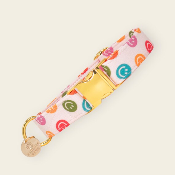 Neutral Smiley Face Dog Collar, Retro Boho Puppy Collar, Groovy Small Dog Collar, Martingale or Flat Collar | GOOD VIBES ONLY