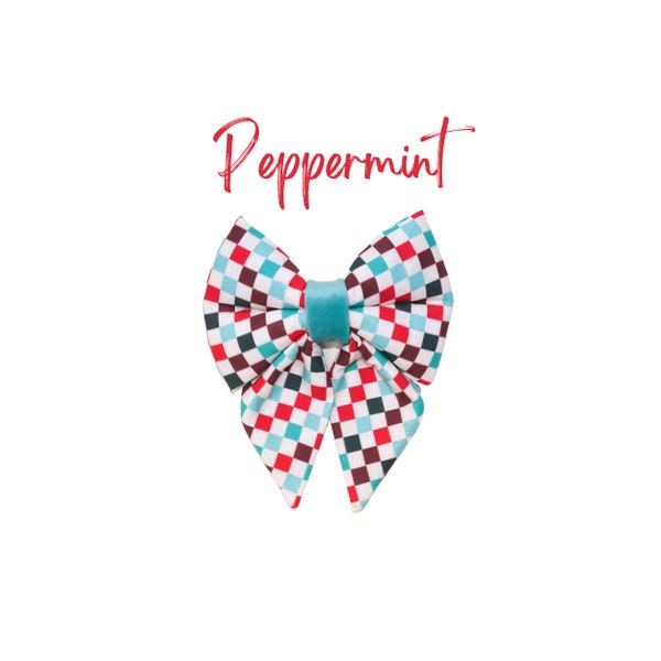 Checkered Dog Bowtie, Dog Collar Bow, Red and Turquoise Holiday Checker Puppy Bow tie, Extra Large Dog Bows, Pet Bow Ties  -PEPPERMINT