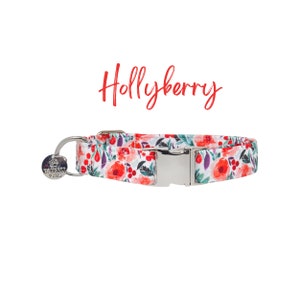 Red Dog Collar, Floral Red Collar, Female Dog Collar, Martingale or Flat Dog Collar, Girl Dog Collar, Fabric Dog Collar - HOLLY BERRY
