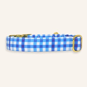 Blue and white gingham dog collar available in buckle or martingale style with premium gold hardware.