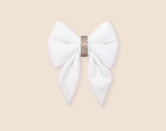 Deluxe White Velvet Neutral Dog Sailor Bows | Wedding Pet Accessories | Over the collar with two elastic loops | SNOW