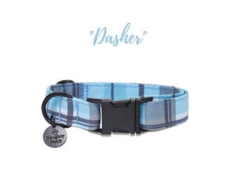 Collar de perro a cuadros azules y grises / Collar de perro para niño / Collar de perro a cuadros de primavera / Collar de perro para niña / Collar de cachorro / DASHER
