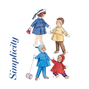Puede incluir: Ilustración de abrigos y conjuntos infantiles en varios colores. Una niña lleva un abrigo a cuadros azul y blanco con un sombrero a juego y un bolso rojo. Un niño lleva un abrigo color canela y pantalones marrones. Otros niños llevan abrigos azules y rojos.