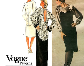 Vogue American Designer Geoffrey Beene 1454 1980s Long Sleeve Cocktail Dress Women's Size 12 Vintage Designer Sewing Pattern