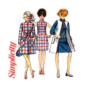 May include: Illustration of three women in vintage dresses. The dresses feature a red, white, and blue plaid pattern. One dress is a long-sleeved coat dress with a belt, another is a sleeveless shift dress, and the third has a white vest with red trim. The word "Simplicity" is printed vertically.
