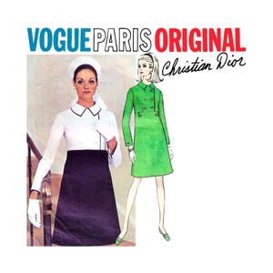 May include: A vintage sewing pattern featuring a green dress and a white and black dress with a white collar. The pattern is titled "Vogue Paris Original Christian Dior".
