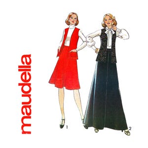 May include: A vintage sewing pattern featuring two women wearing skirts and vests. The woman on the left is wearing a red skirt and a red vest, while the woman on the right is wearing a black skirt and a black vest with a white blouse. The pattern is labeled "maudelia" in red text.