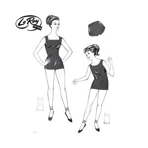 May include: A black and white illustration of two women wearing sleeveless dresses. The dresses have a square neckline and are fitted at the waist. The women are wearing ballet shoes. The image includes the text "Le Roy Pattern".