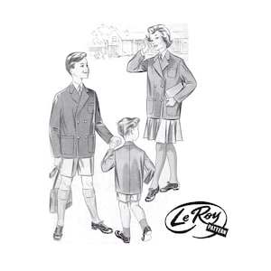May include: Black and white illustration of three people wearing school uniforms. The illustration shows a double-breasted blazer, shorts, knee socks, and dress shoes. The Le Roy Pattern logo is in the bottom right corner.
