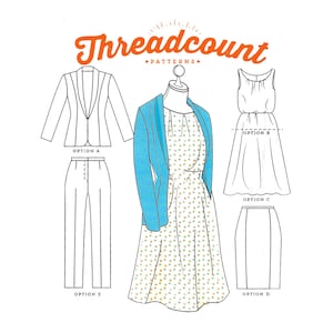 May include: A sewing pattern for a dress, jacket, pants, and skirt. The dress has a white background with a small, light brown polka dot pattern. The jacket is blue. The pants and skirt are white. The pattern is called "Threadcount Patterns".