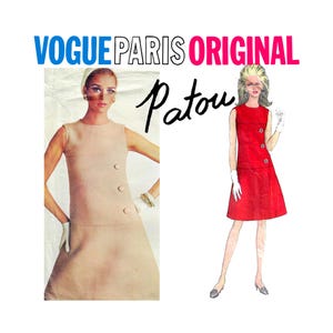 May include: A vintage sewing pattern featuring two illustrations of women wearing sleeveless dresses. The pattern is titled "Vogue Paris Original Patou".
