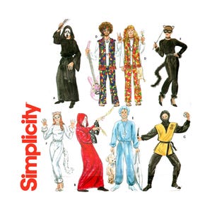 Puede incluir: Un patrón de costura Simplicity para disfraces de Halloween. El patrón incluye ocho disfraces diferentes: un fantasma, un mago, un ninja, un gato, un hippie, un personaje de  'Scream', un personaje de  'Star Wars' y un personaje de  'Ghostbusters'.