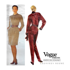 May include: A vintage sewing pattern for a dress and jumpsuit by American designer Geoffrey Beene. The pattern is from Vogue Patterns and features a brown dress with a belt and a red jumpsuit.