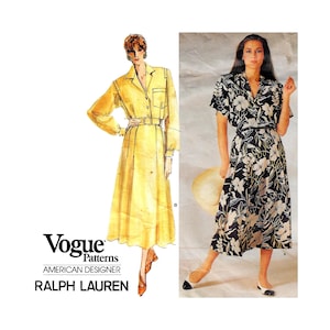 Vogue American Designer Ralph Lauren 1722 1986 Tea Length Shirt Dress Women's Size 14 Vintage Designer Sewing Pattern