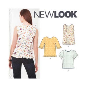 May include: A sleeveless floral print top with a scalloped hem is worn with dark denim pants. The image also shows sewing pattern diagrams for tops with various sleeve lengths and designs. The brand name "NEW LOOK" is visible.