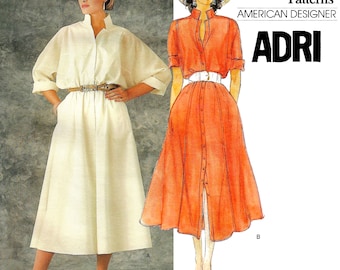 Vogue American Designer Adri 1351 1980s Shirt Dress Women's Size 10 Vintage Designer Sewing Pattern