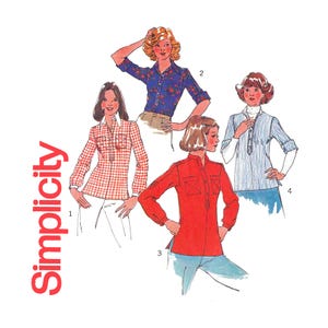 May include: Four different women's shirt patterns with long sleeves. The shirts are in red, blue, white, and red and white gingham. The image includes the word "Simplicity" in red.