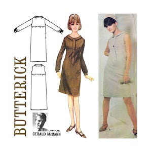 May include: A vintage sewing pattern for a dress with two different styles. The pattern is from Butterick and features a brown dress with a tie at the neck and a sleeveless white dress. The pattern is designed by Gerald McCann.