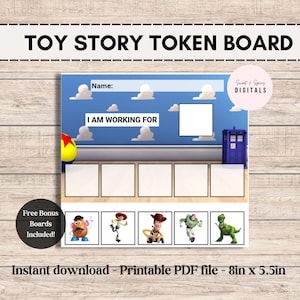 May include: A printable Toy Story token board with the text "Toy Story Token Board". The board features a blue sky background with clouds, and images of Toy Story characters. The board measures 8in x 5.5in.