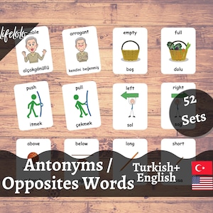 Tarjetas didácticas turcas de antónimos, tarjetas bilingües en inglés, 104 palabras opuestas, tarjetas didácticas turcas, material Montessori, descarga imprimible para niños