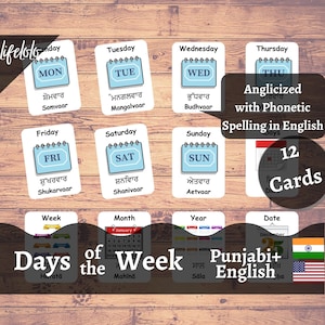 Giorni della settimana / PUNJABI / Schede bilingue in inglese / 12 schede flash in punjabi / Materiali Montessori / Istruzione parentale - Download stampabile