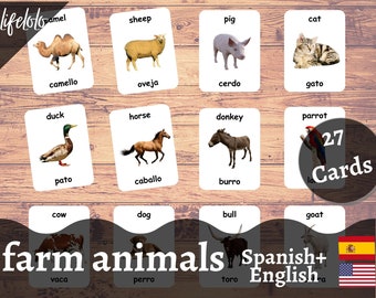 Farm Animals | SPANISH | English Bilingual Cards | 27 Spanish Language Cards | Homeschooling | Three Part Cards - Digital Download