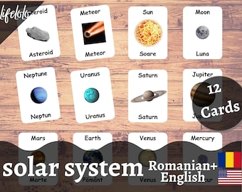 May include: A set of 12 flashcards featuring images and names of planets and celestial bodies in both English and Romanian. The cards are white with black text and images. The text includes the English and Romanian names for each celestial body. The cards are arranged in a grid of four rows and three columns. The text "12 Cards" is in a circle at the top right corner of the image. The text "solar system Romanian+ English" is at the bottom of the image.
