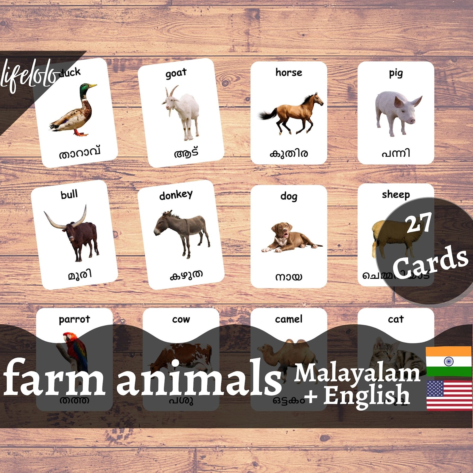 Farm Animals MALAYALAM English Bilingual Cards 27 Etsy