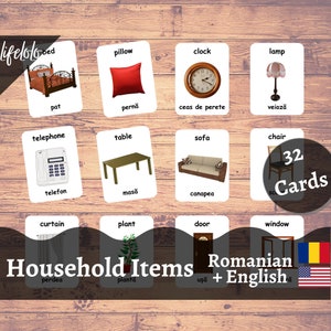 Household Items ROMANIAN Flash cards, English Bilingual Cards, Montessori Printable, Homeschool Preschool, Kids Printable Download PDF