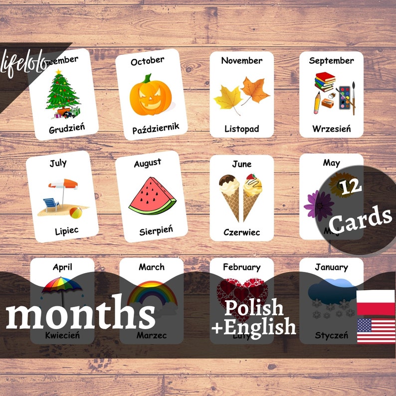 Months of the Year POLISH Flash cards 12 Bilingual Cards Etsy France