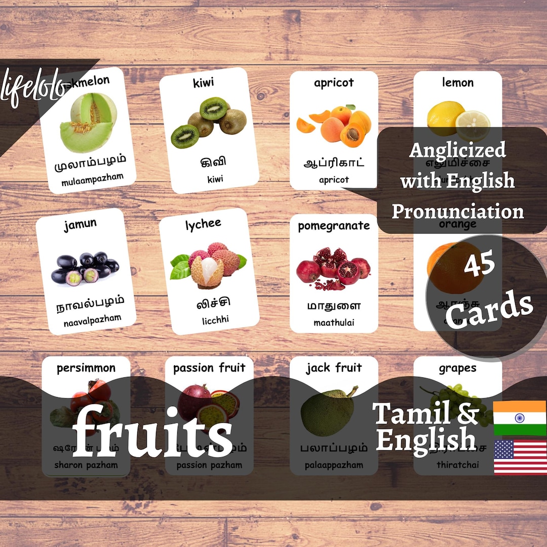 Tamil & English Bilingual Flash Cards: Fruits Montessori Printable ...
