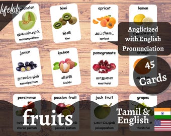 Tamil & English Bilingual Flash Cards: Fruits Montessori Printable (Digital Download)