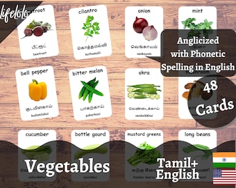 Tamil-English Vegetable Flash Cards: Bilingual Montessori Homeschool Printable (PDF Download)