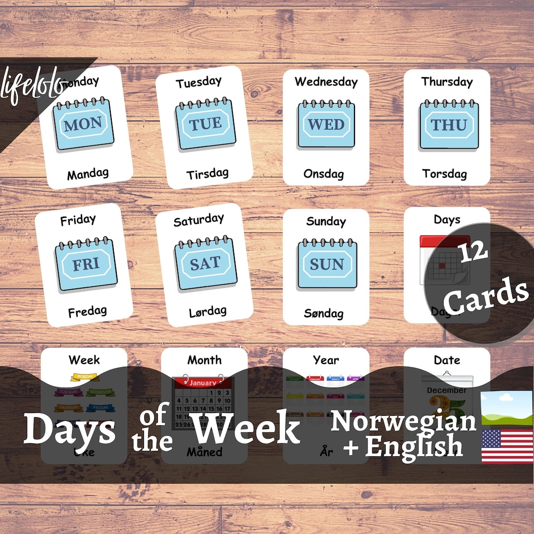 Days of the Week NORWEGIAN English Bilingual Cards 12 Norwegian Flash