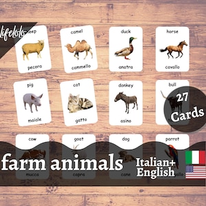 Animali da fattoria / ITALIANO / Carte bilingui inglesi / 27 Carte in lingua italiana / Homeschooling / Carte in tre parti - Download digitale