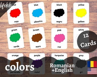 May include: Twelve color flashcards in Romanian and English, featuring red, blue, black, yellow, green, brown, pink, white, orange, purple, turquoise, and gray. Each card displays a color name and a corresponding cloud-shaped color.