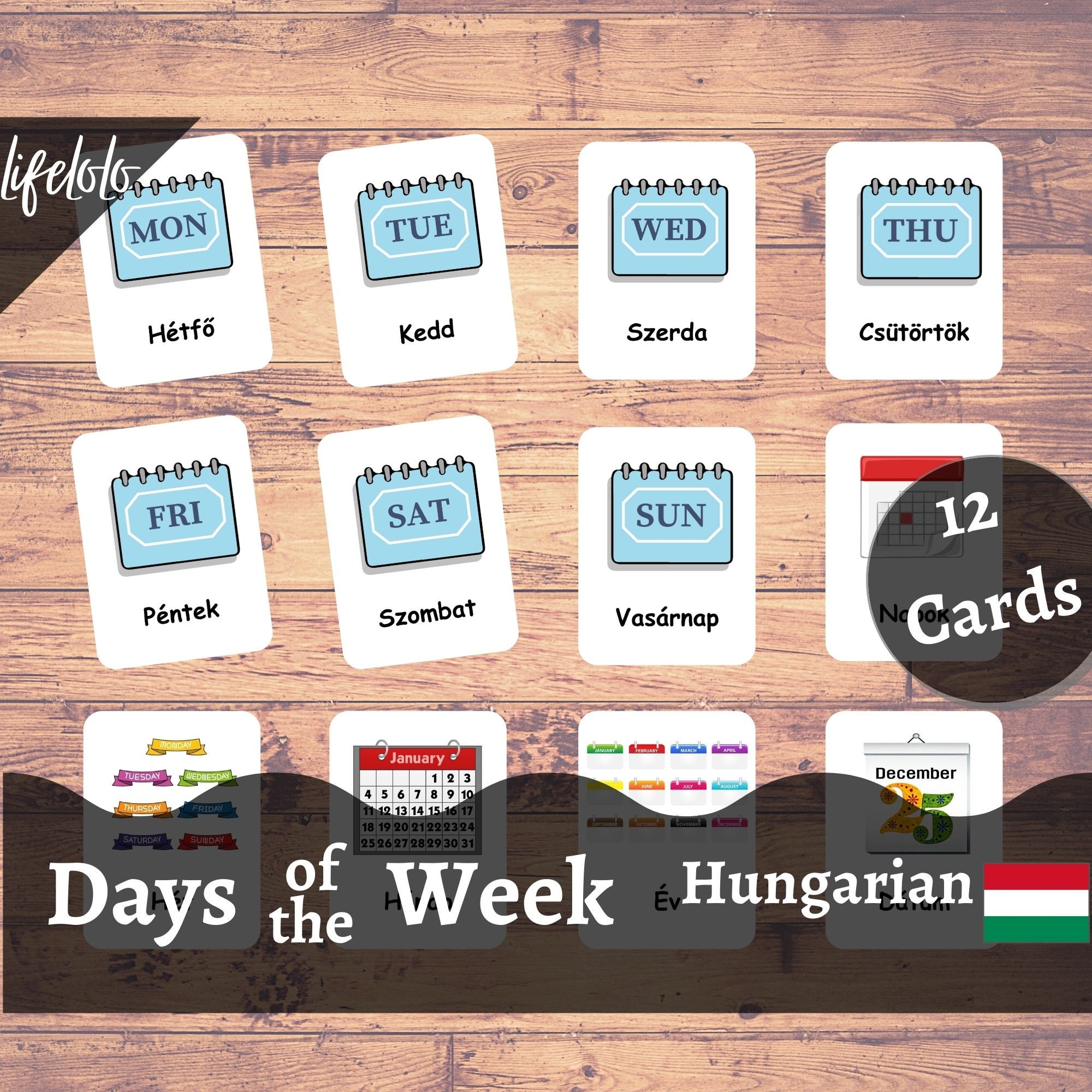 Days of the Week | HUNGARIAN | English Bilingual Cards | 12 Hungarian ...