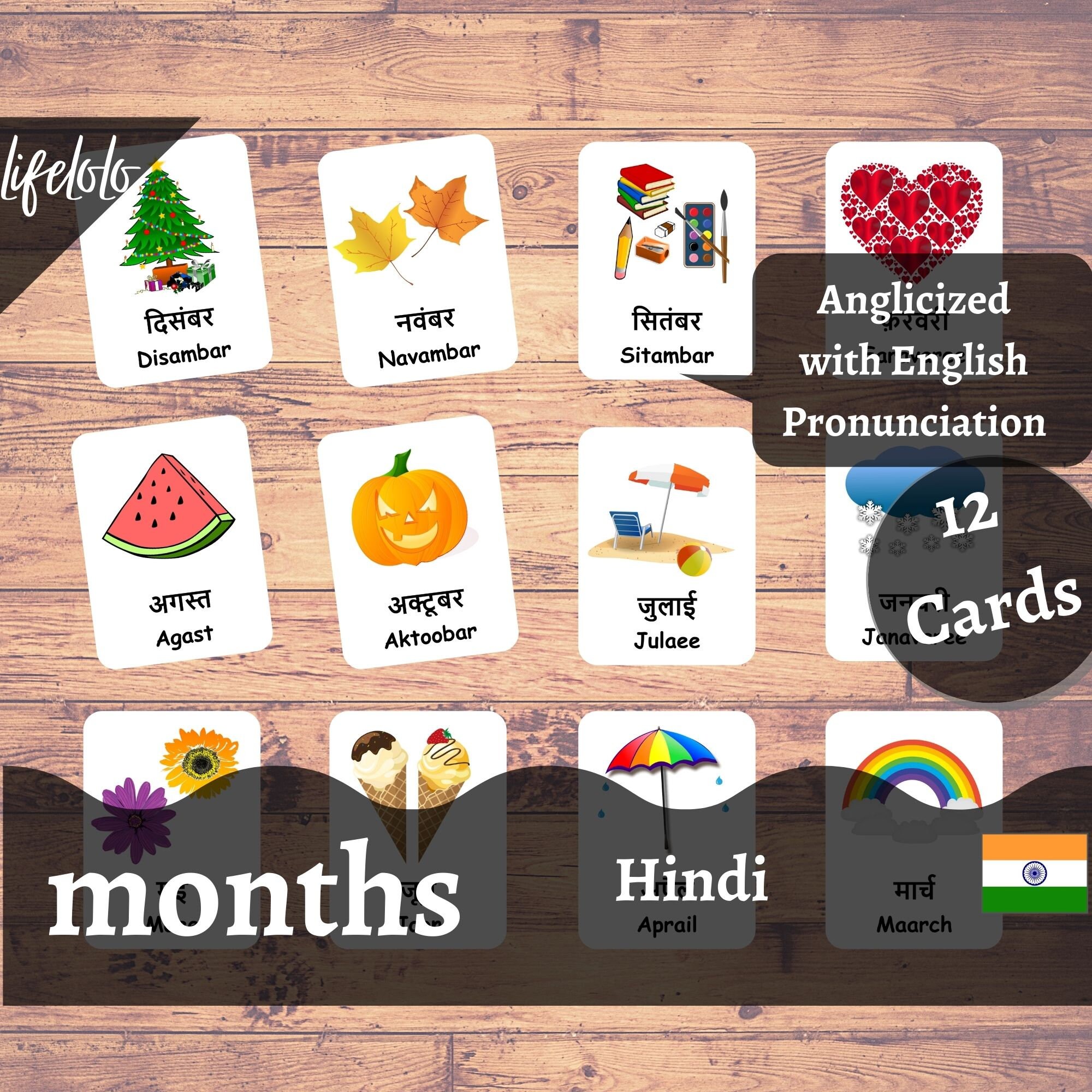 Months of the Year HINDI Flash Cards, 12 Bilingual Cards, Montessori ...