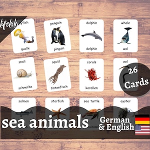 Meerestiere GERMAN Version - Englische Zweisprachige Karten | 26 Lernkarten | Homeschooling | Lehrmaterial - Printable Download